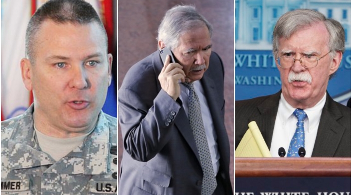 Mark Stammer, comandante del Ejército Sur de Estados Unidos; Guillermo Botero, ministro de Defensa, y John Bolton, asesor de seguridad nacional de Estados Unidos