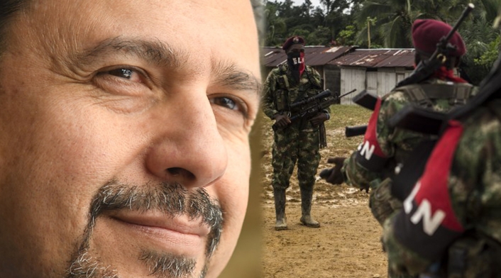 Miguel Ceballos, alto comisionado de paz (izq) y guerrilleros del ELN (der)
