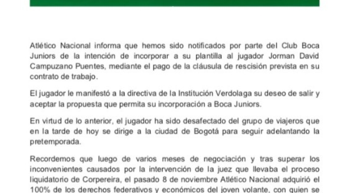 Comunicado Atlético Nacional