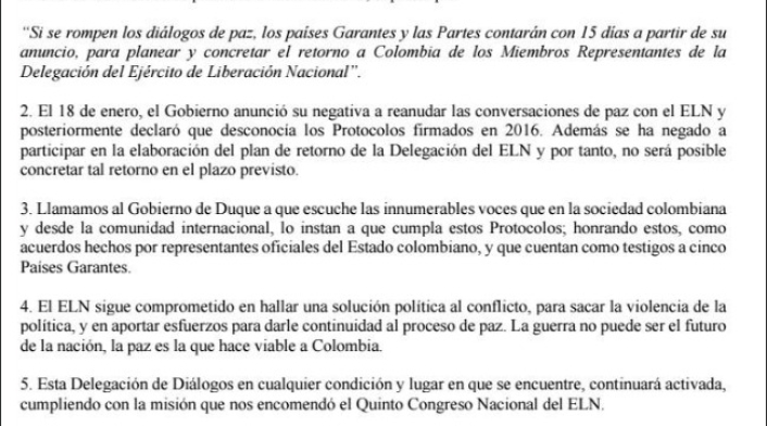 Comunicado delegación del ELN en La Habana Comunicado delegación del ELN en La Habana