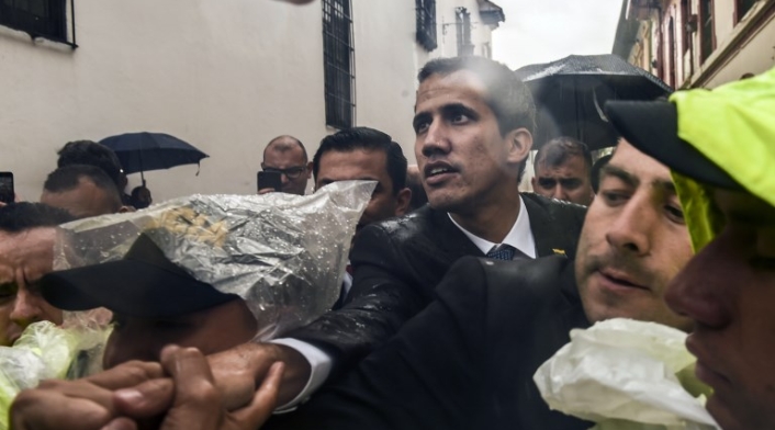 Juan Guaidó, a la salida de la reunión del Grupo de Lima, en Bogotá