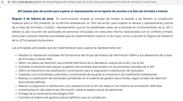 Comunicado JEP sobre contrataciones para Sala de Amnistía