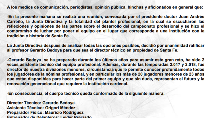 Comunicado, Independiente Santa Fe
