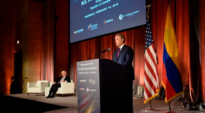 El presidente, Iván Duque, en la Cámara de Comercio de Estados Unidos, en Washington