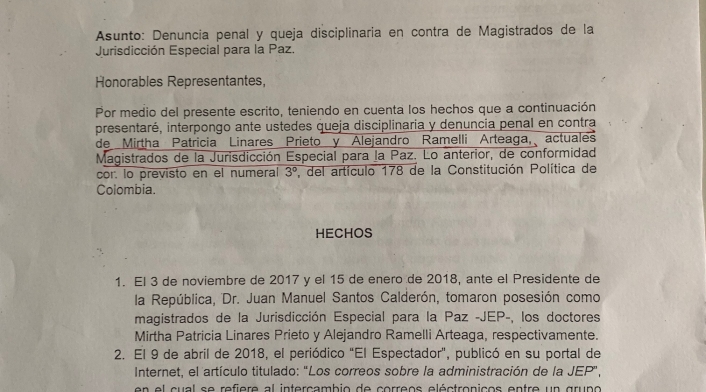 Denuncia contra magistrado de la JEP