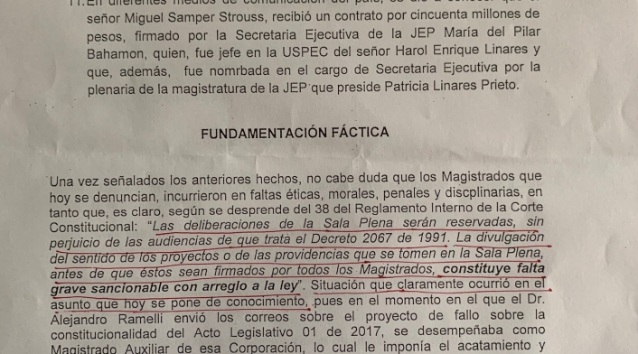 Denuncia contra magistrado de la JEP