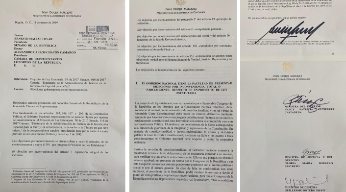Radicado de las objeciones a la ley estatutaria de la JEP