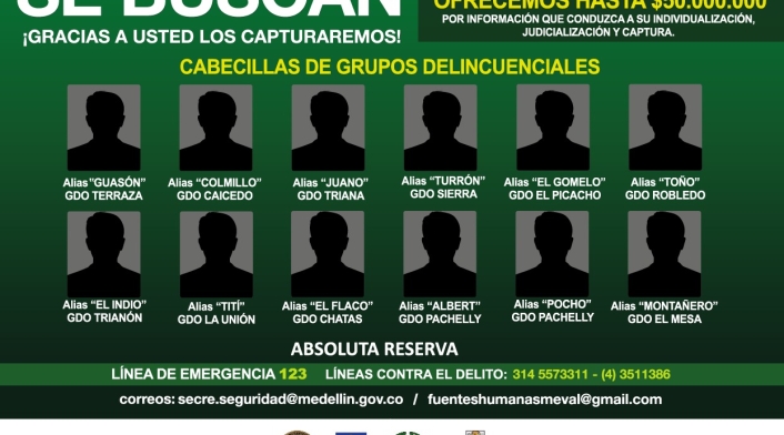 Cartel de los más buscados en Medellín.