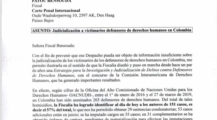 La carta enviada por el fiscal Néstor Humberto Martínez a Fatou Bensouda, fiscal de la CPI