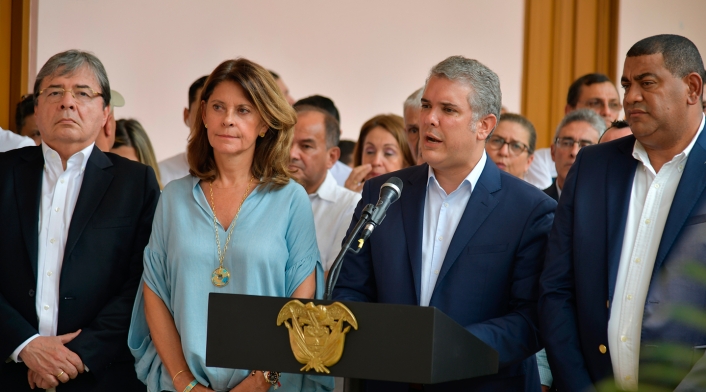 El presidente Iván Duque, acompañado por la vicepresidenta, Marta Lucía Ramírez, y el canciller, Carlos Holmes, en Cúcuta