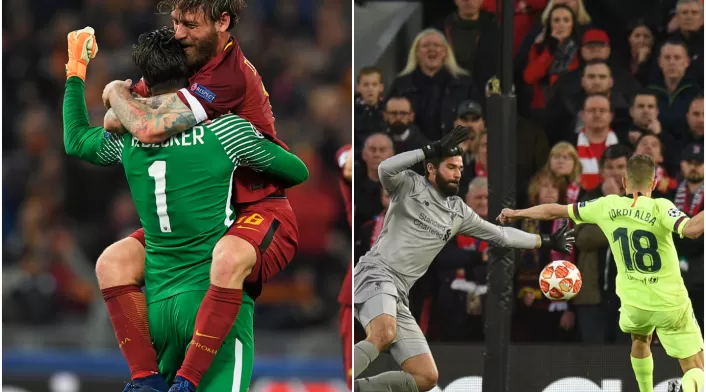 Alisson Becker celebrando con Daniele De Rossi la remontada de AS Roma ante Barcelona el 10 de abril de 2018 en Roma y Alisson Becker en el juego de la remontada de Liverpool ante Barcelona, el 7 de mayo de 2019 en Liverpool, ambos por Champions