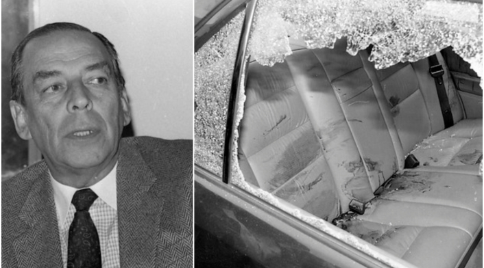 Álvaro Gómez Hurtado y el vehículo en que se movilizaba cuando fue asesinado, el 2 de noviembre de 1995 en Bogotá