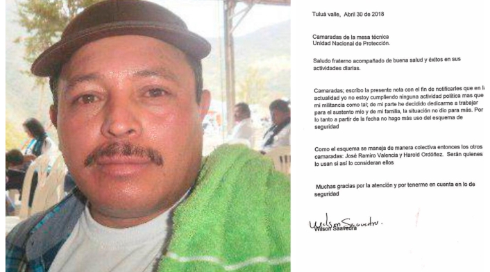Wilson Saavedra, exintegrante de las Farc asesinado. A la derecha la misiva que envió