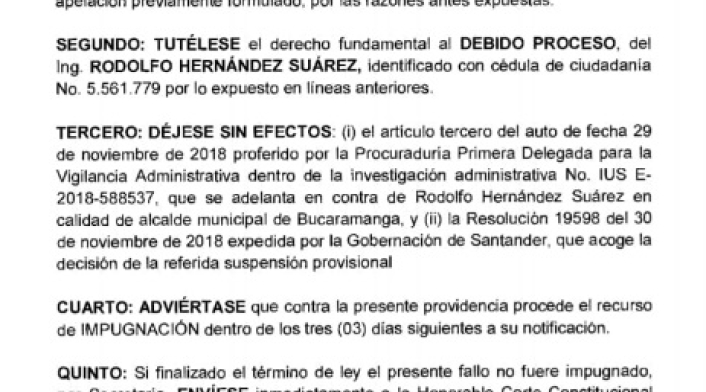 Donde se resuelve que Rodolfo Hernández se reintegre a su cargo