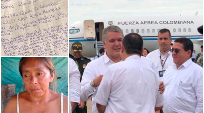 La carta de Josefina Chipiaje, a la izquierda. A la derecha, el presidnete Iván Duque recibido en Vichada por el congresista Gustavo Londoño (de gafas oscuras)