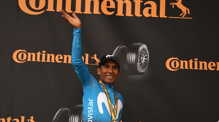 Nairo Quintana, ciclista colombiano al servicio del Movistar Team. Nairo Quintana, ciclista colombiano al servicio del Movistar Team, luego de ganar la etapa 18 del Tour de Francia