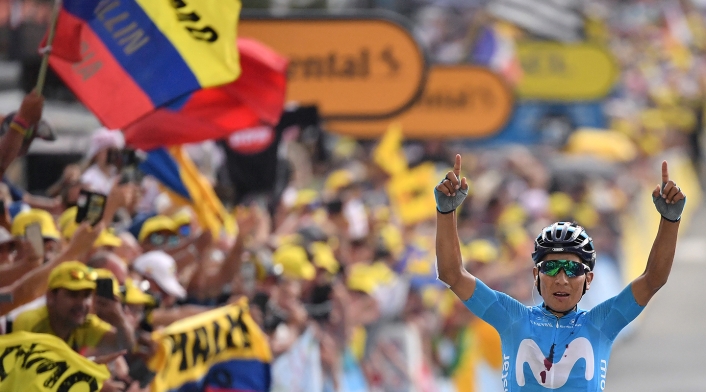 Nairo Quintana, ciclista colombiano al servicio de Movistar Team, ganando la etapa 18 del Tour de Francia 2019 Nairo Quintana, ciclista colombiano al servicio de Movistar Team, ganando la etapa 18 del Tour de Francia 2019