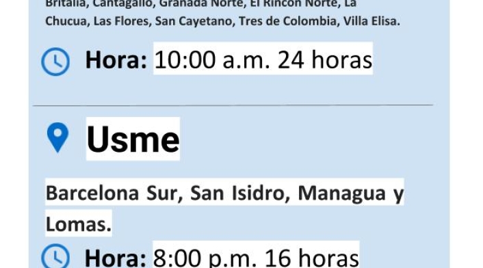 Plantilla cortes de agua miércoles 17 de julio de 2019