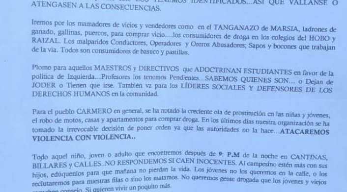 El escrito aparece firmado por la denominada estructura de las Águilas Negras.