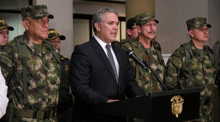 El presidente Iván Duque anunciando en Popayán que alias Alonso fue abatido