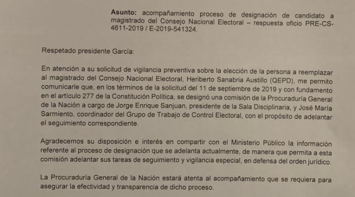 Carta Procuraduría sobre elección de magistrado del CNE