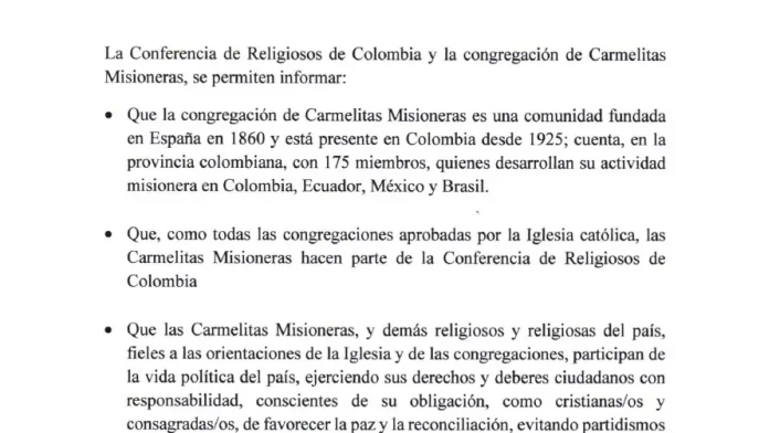 El comunicado de la Conferencia de Religiosos de Colombia y la congregación de Carmelitas Misioneras
