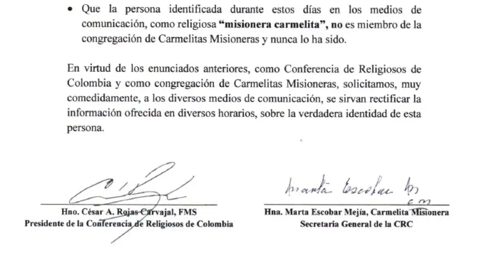 El comunicado de la Conferencia de Religiosos de Colombia y la congregación de Carmelitas Misioneras