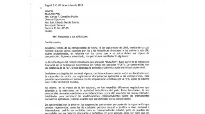 La respuesta de la Dimayor a Acolfutpro