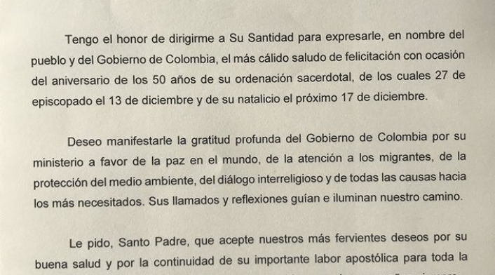 Carta de Iván Duque al papa Francisco