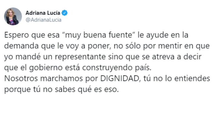 Adriana Lucía alista denuncia por trino de Miguel Polo Polo