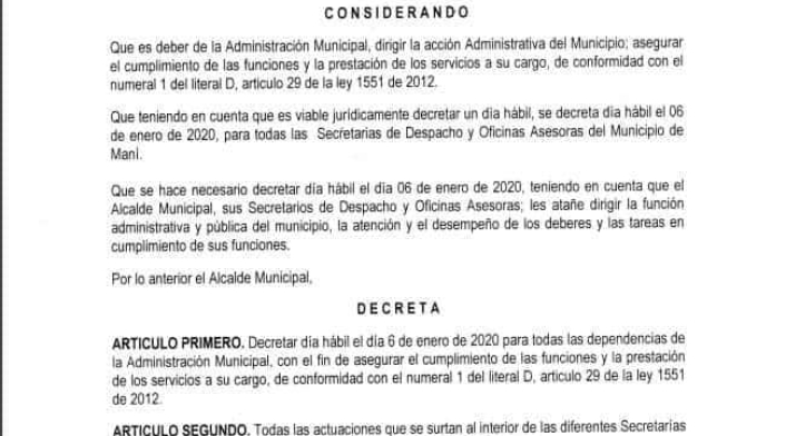 Este es el decreto de fin de vacaciones en Maní (Casanare)