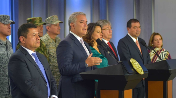Presidente Iván Duque con los Ministros de Defensa, Justicia e Interio en compañía del Fiscal General de la Nación