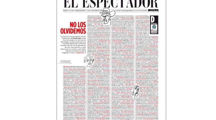 Portada El Espectador en homenaje a líderes sociales asesinados Portada El Espectador en homenaje a líderes sociales asesinados