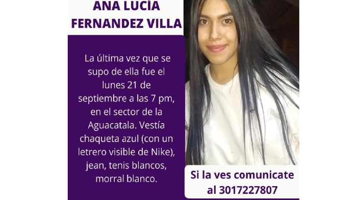 Ana Lucía Fernández, de 17 años de edad, perdida en Medellín