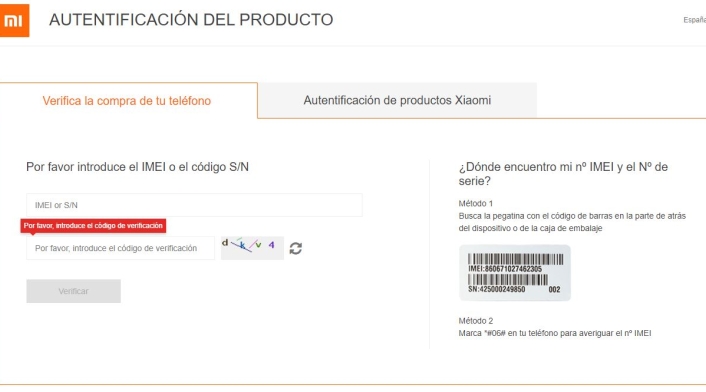 Sitio web de verificación de teléfono Xiaomi