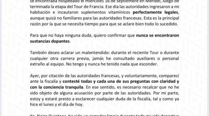 Comunicado Nairo Quintana
