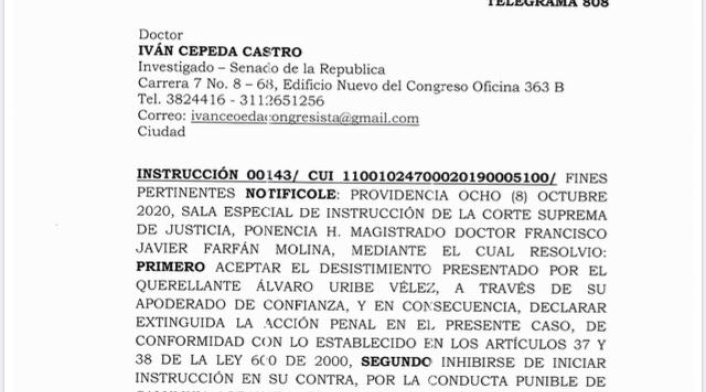 Alvaro Uribe desiste de denuncia contra Iván Cepeda