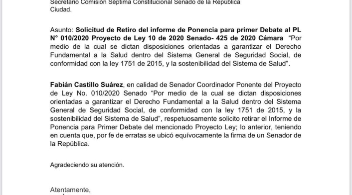 Carta retiro ponencia reforma a la salud