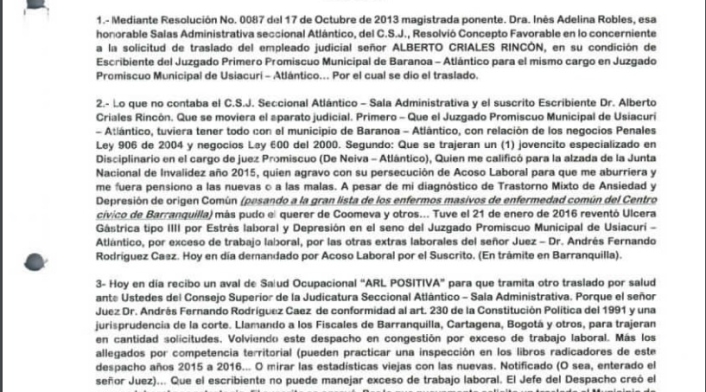 Consejo Superior de la Judicatura del Atlántico no accedió a trasladarlo del juzgado de Usiacurí