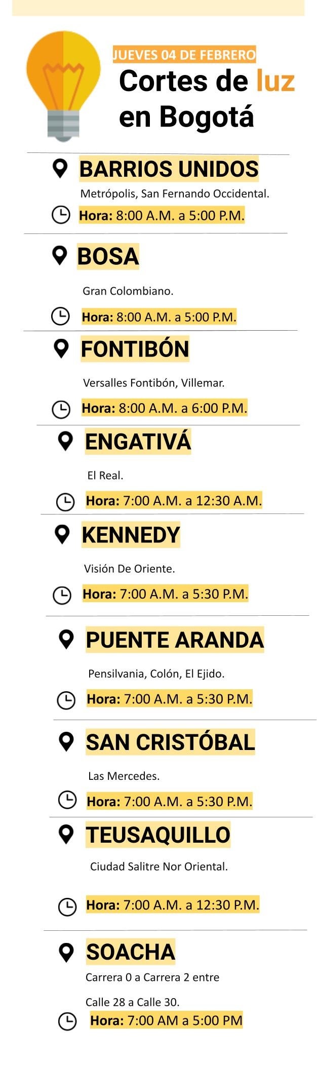 Cortes de luz en Bogotá y Soacha para el miércoles 03 de febrero