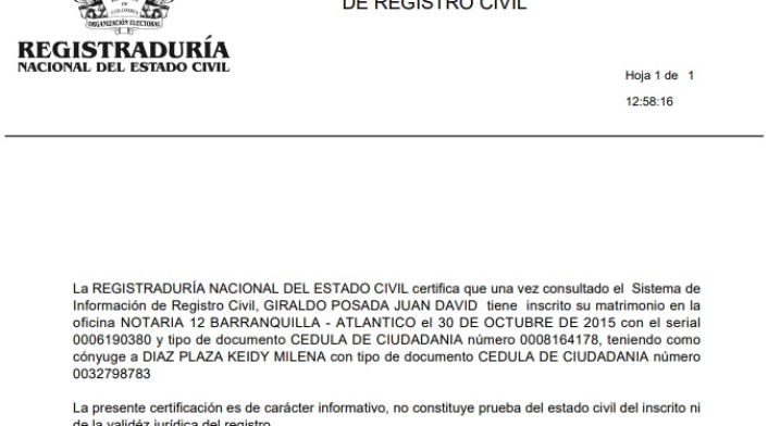 Registraduría certificó que Keidy Milena Díaz es esposa de Juan David Giraldo