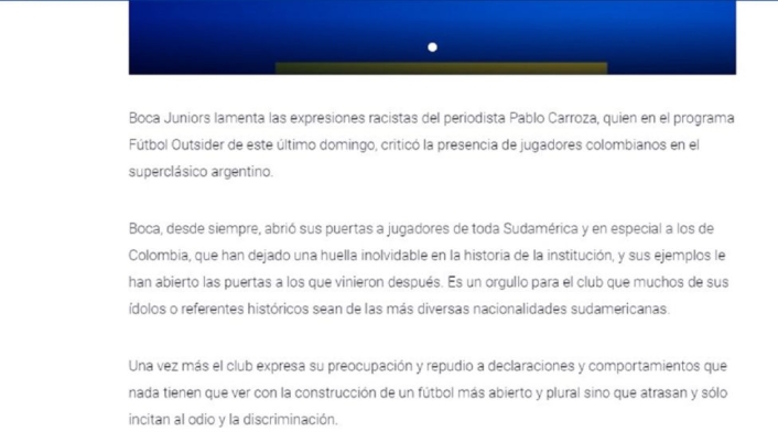 Comunicado Boca Juniors en contra del racismo en el fútbol
