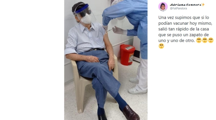 Por la emoción de la vacuna, abuelito se puso uno zapato de uno y otro de otro