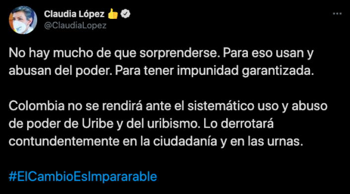 Claudia López y su mensaje en contra de Uribe y el uribismo