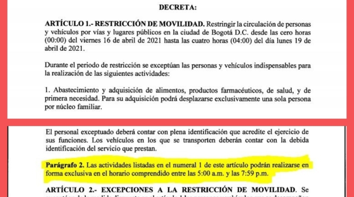 Decreto de cuarentena en Bogotá, 16 a 19 de abril de 2021
