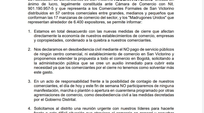 Comunicado de comerciantes de San Victorino, en medio de la cuarentena en Bogotá