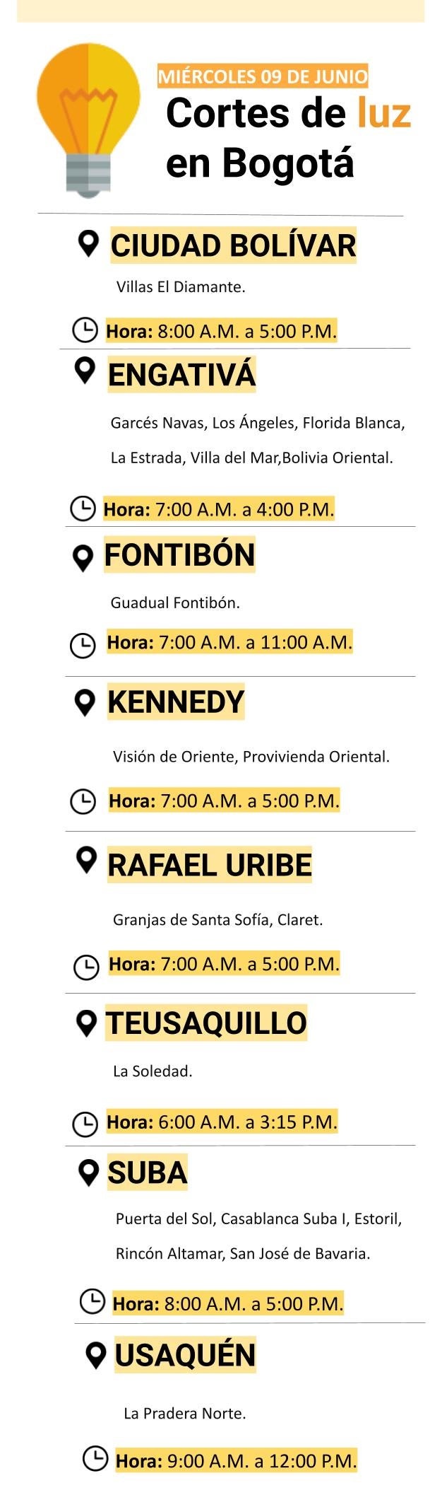 Cortes de luz para el miércoles 09 de junio en Bogotá