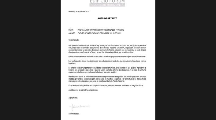 Comunicado edificio asaltado en Medellín Comunicado edificio asaltado en Medellín