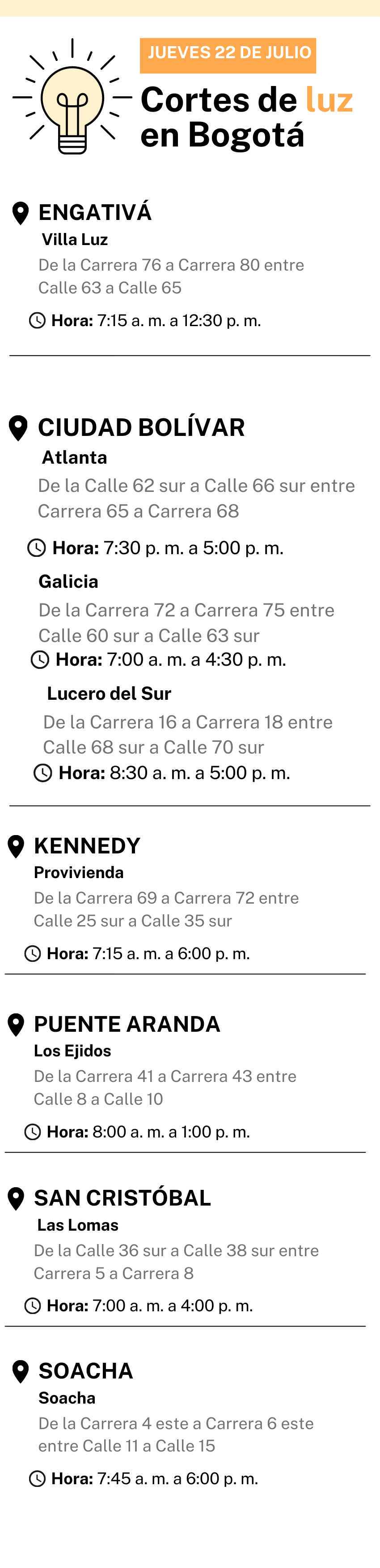Corte de luz en Bogotá jueves 22 de julio
