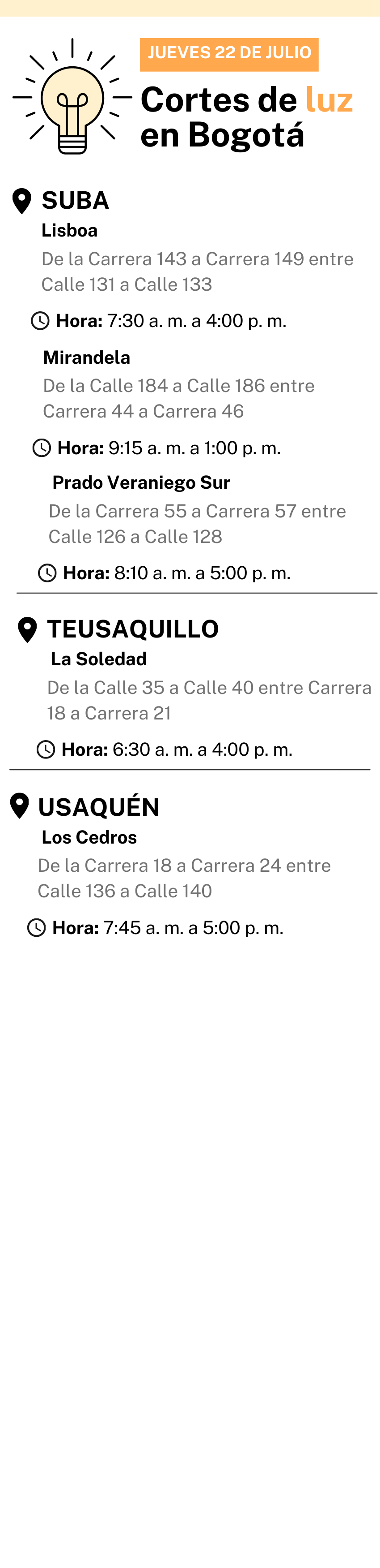 Corte de luz en Bogotá jueves 22 de julio